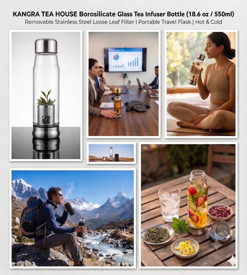 Collage of images featuring Kangra Tea House borosilicate glass infuser collection with people enjoying tea in various settings.