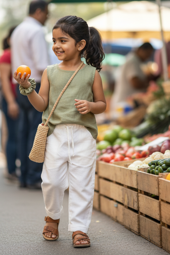 Positano organic cotton-linen kids pants side view showing full-length drape