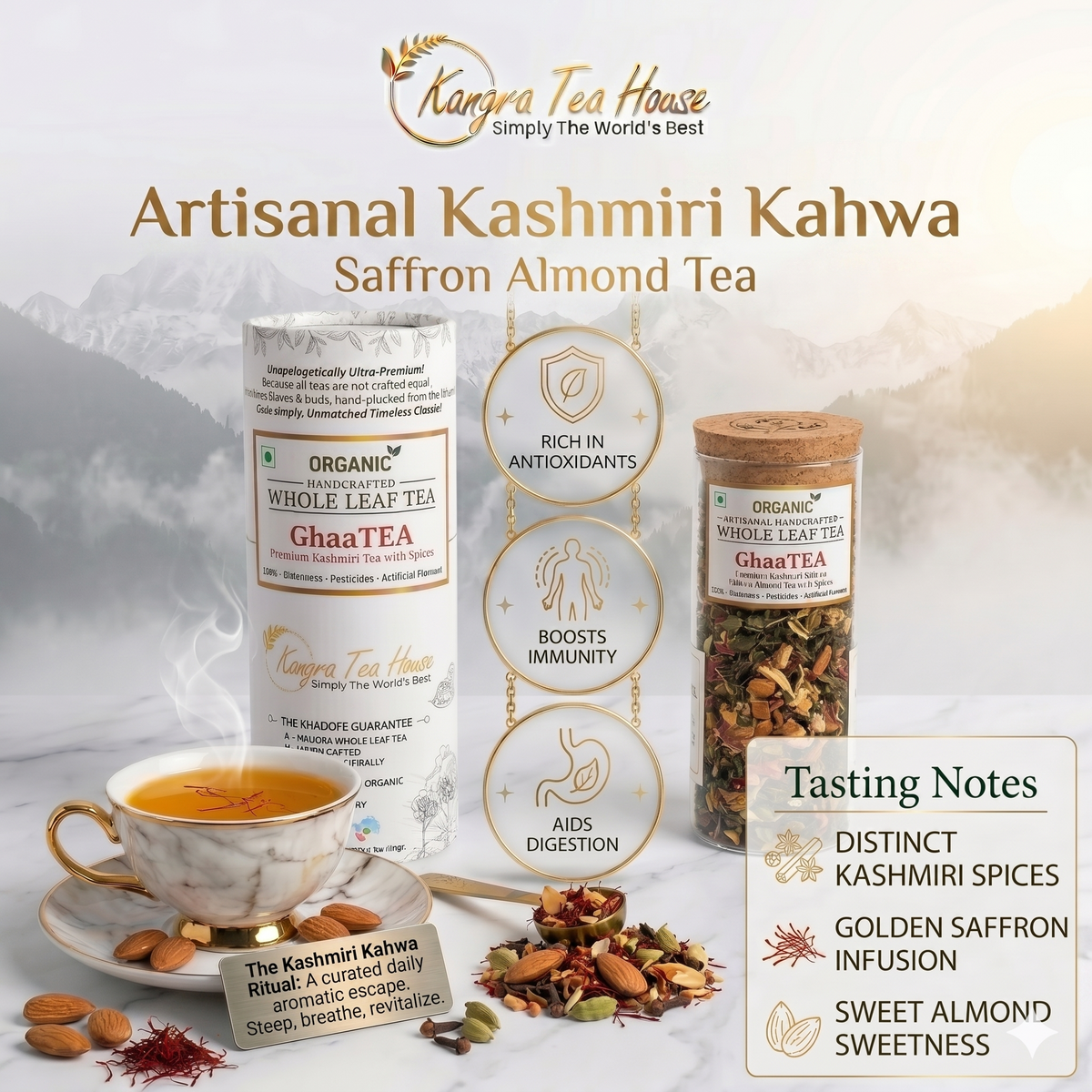 Kashmiri kahwa with saffron and almonds loose leaf tea – Kangra Tea House