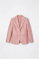 A light pink textured silk blazer with notch lapels, a two-button front closure, and flap pockets, displayed flat against a clean white background.