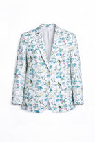 A white linen blazer jacket featuring a vibrant tropical floral and bird pattern in shades of blue, green, and pink, displayed on a clean white background.
