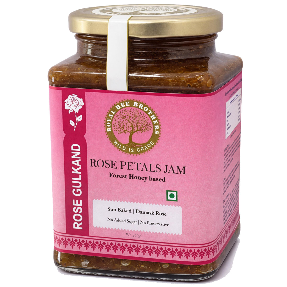 Jar of Rose Petals Jam with pink label on a white background
