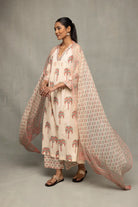 Handcrafted Cream and Pink Block Print Cotton Kurta Set with Dupatta