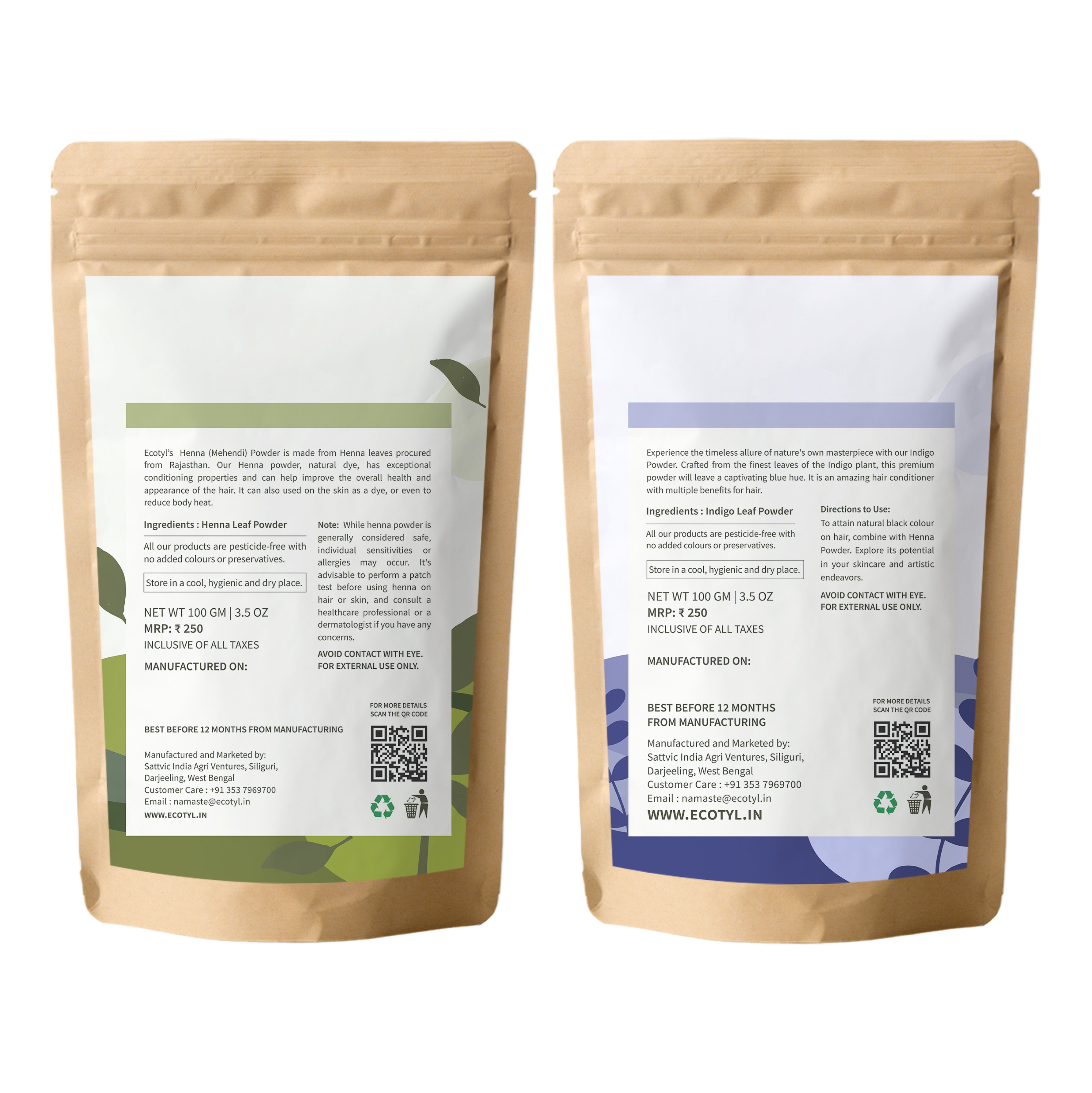 Ecotyl Hair Colour Combo - Henna Powder and Indigo Powder - Ecotyl - 100% Organic I Sustainable