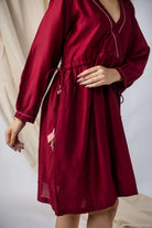 Anantha-Deep Red Drawstring Cinched Waist Dress-bihart