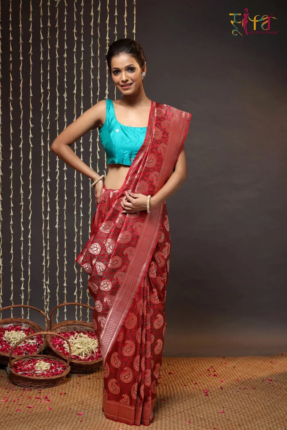 Elegant Cherry Red Silk Tanchoi Banarasi Saree | Sutra Clothing