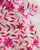 White Chanderi Cotton Kantha stitch embroidered saree in pink threads and golden border