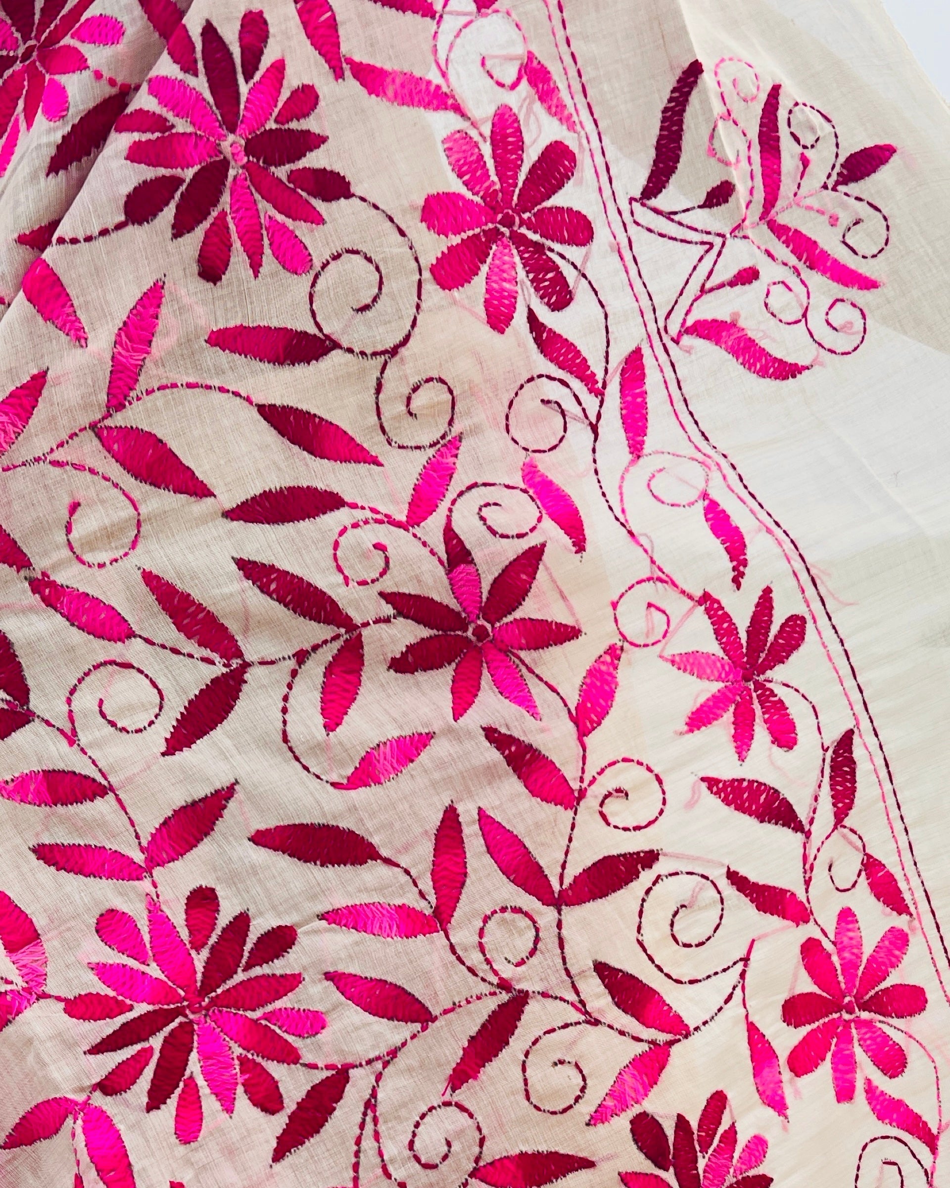 White Chanderi Cotton Kantha stitch embroidered saree in pink threads and golden border
