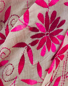 White Chanderi Cotton Kantha stitch embroidered saree in pink threads and golden border