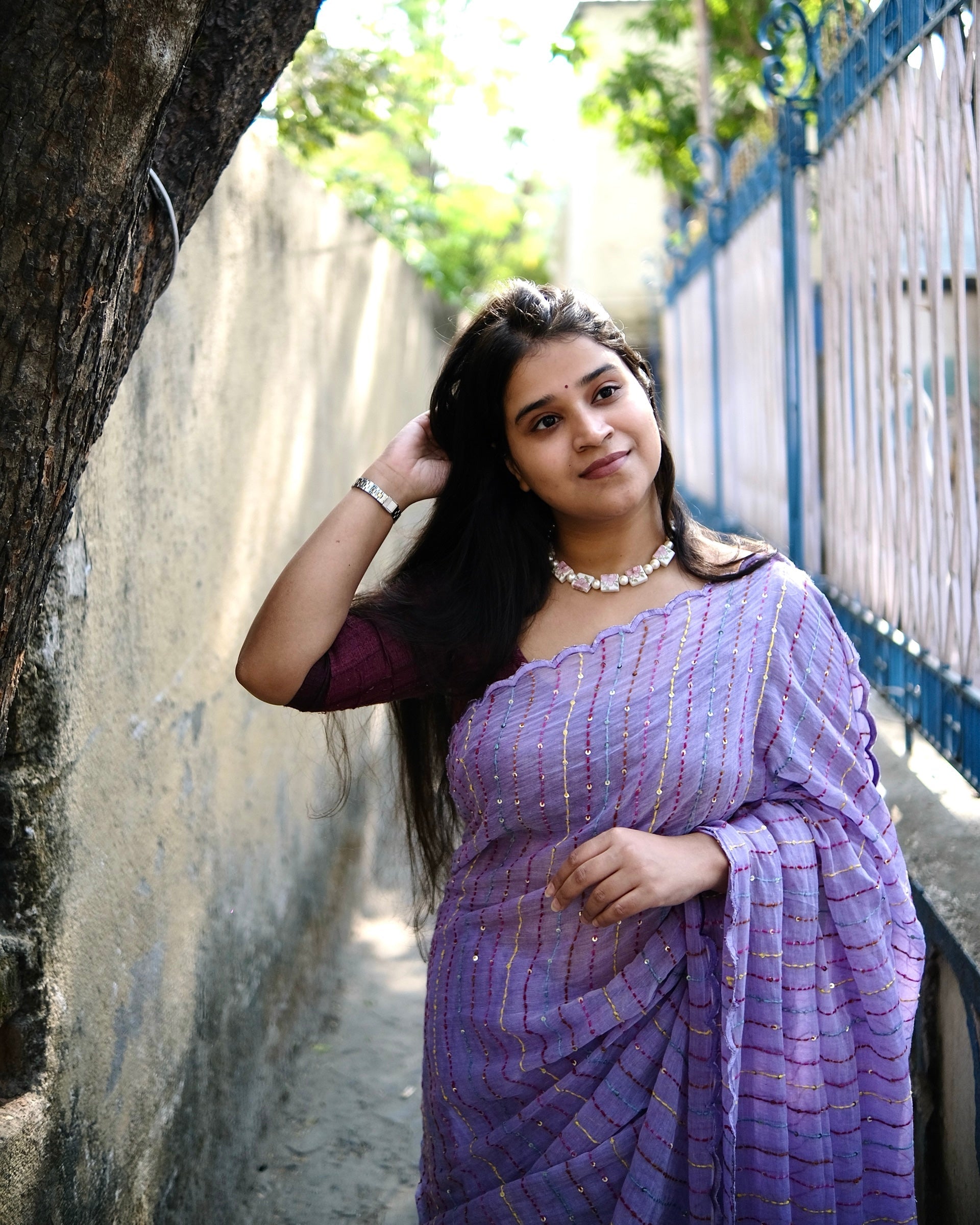 Rimjhim violet embroidered mulmul cotton saree with kantha work, a lightweight breathable saree for summer and festive wear.