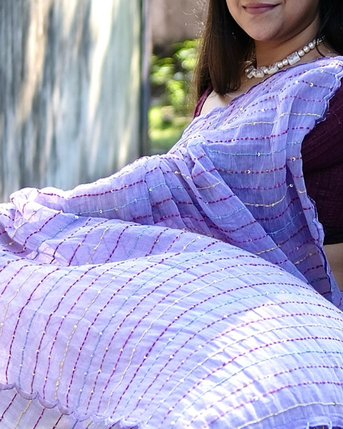 Violet mulmul cotton saree with embroidery, soft airy elegance for summer styling and festive moments.