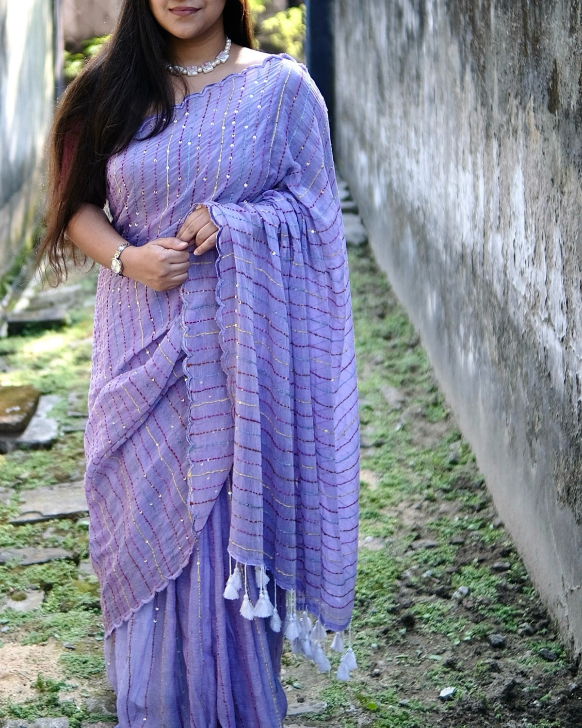 Violet Embroidered Mulmul Cotton Saree for women by Shop AaMe