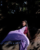Lightweight violet embroidered mulmul cotton saree, designed for soft comfort and effortless summer elegance.