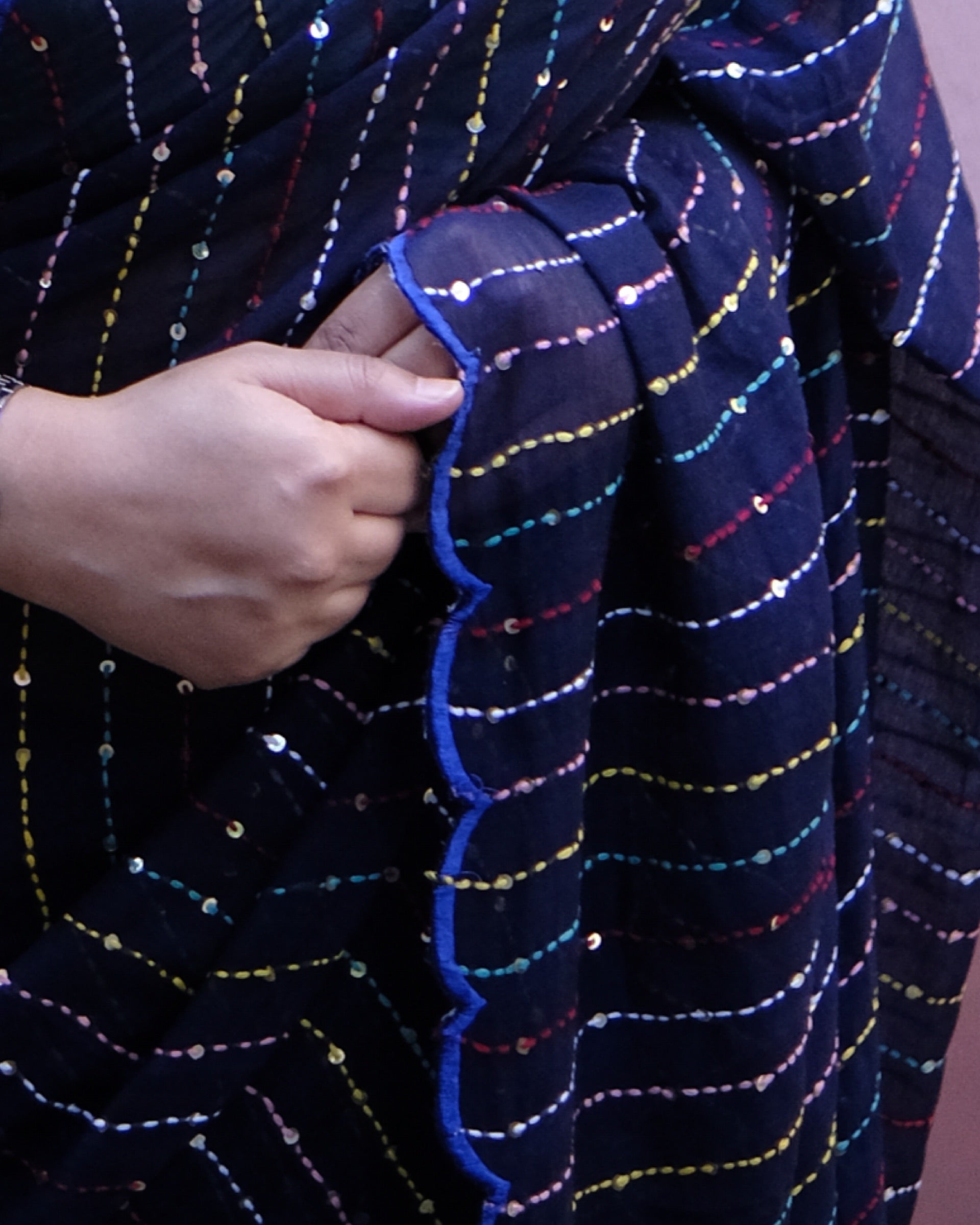 Soft and comfortable mulmul cotton saree with multicoloured embroidery in Kantha Stitch embellished with sequins perfect for party or festive occasion  in navy blue