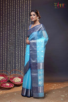Handloom Sky Blue Katan Silk Chanderi Saree With Navy Blue Border