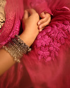 Soft and Comfortable mulmul cotton saree with Chikankari machine work and cutwork border in self tones of Rani hot pink