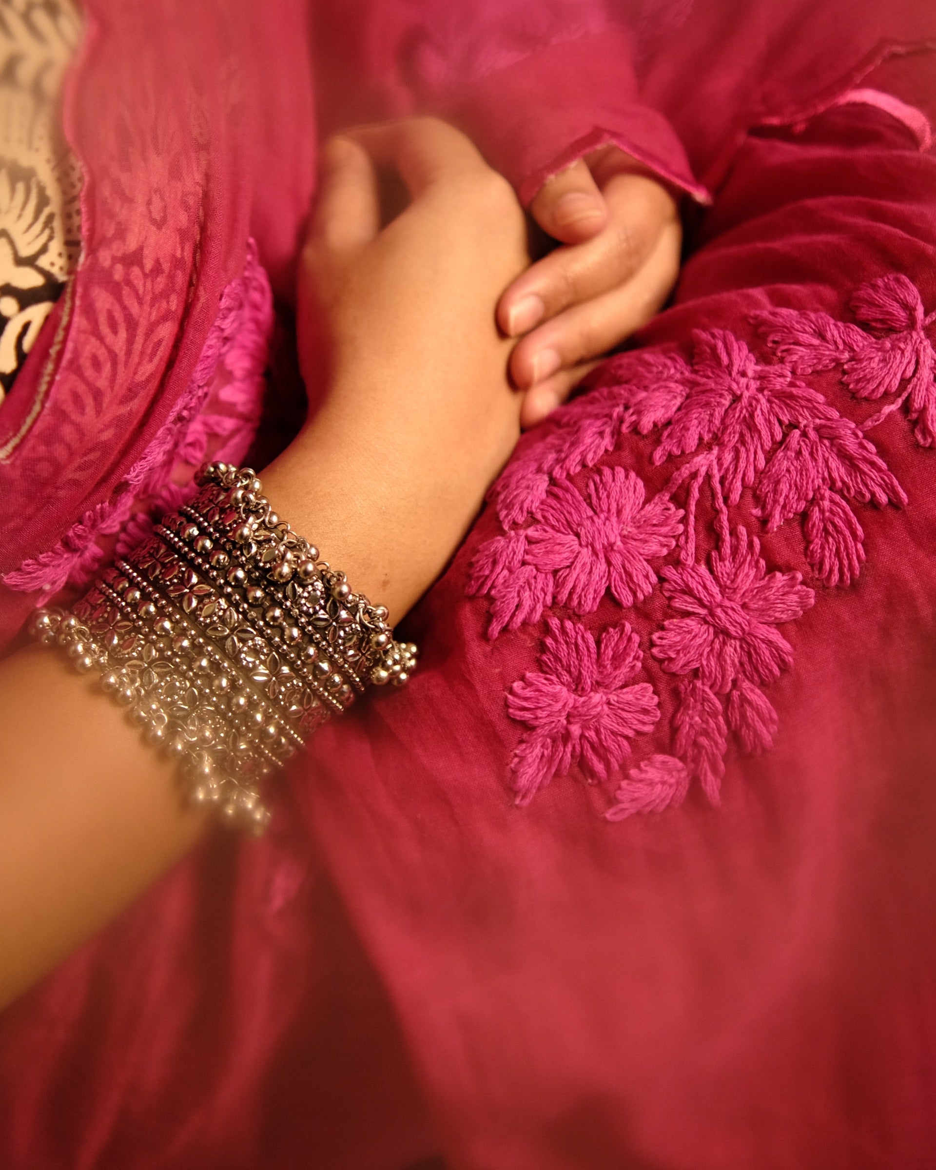 Soft and Comfortable mulmul cotton saree with Chikankari machine work and cutwork border in self tones of Rani hot pink