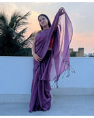 Soft and comfortable plum coloured khadi cotton saree