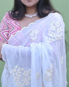 Soft and Comfortable mulmul cotton saree with Chikankari machine work and cutwork border in self tones of White