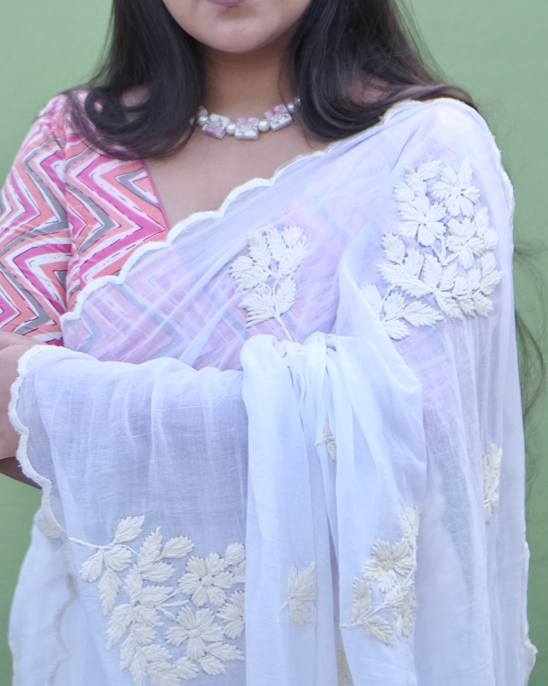Soft and Comfortable mulmul cotton saree with Chikankari machine work and cutwork border in self tones of White