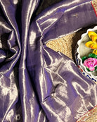 Mulmul Tissue Festive/Party Wear saree for the wedding season in  lavender / purple / violet  colour  with red Sari border and Zardozi/Jarsousi  work on entire saree, metallic finish