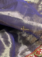 Mulmul Tissue Festive/Party Wear saree for the wedding season in  lavender / purple / violet  colour  with red Sari border and Zardozi/Jarsousi  work on entire saree, metallic finish