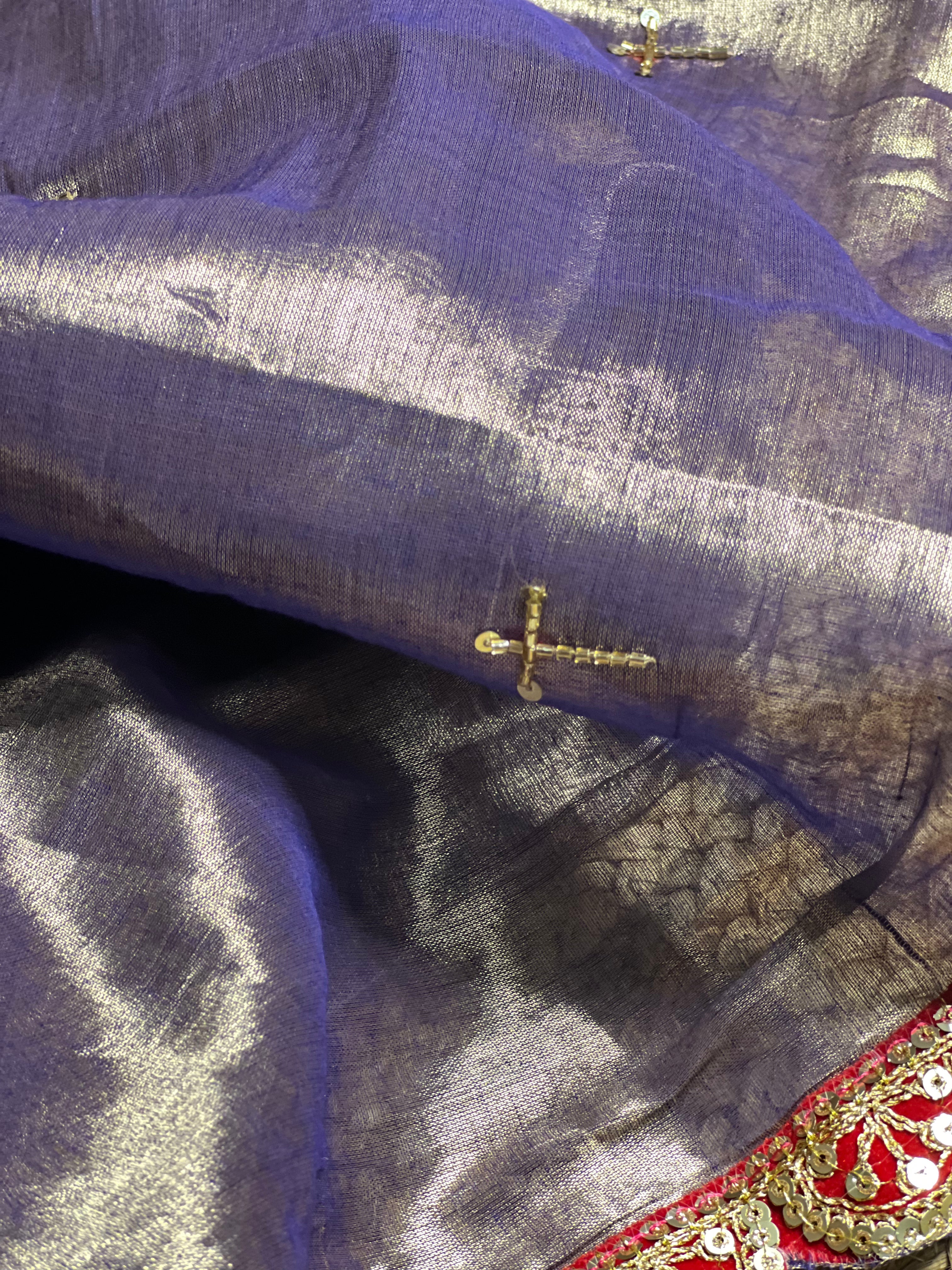 Mulmul Tissue Festive/Party Wear saree for the wedding season in  lavender / purple / violet  colour  with red Sari border and Zardozi/Jarsousi  work on entire saree, metallic finish