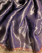 Mulmul Tissue Festive/Party Wear saree for the wedding season in  lavender / purple / violet  colour  with red Sari border and Zardozi/Jarsousi  work on entire saree, metallic finish