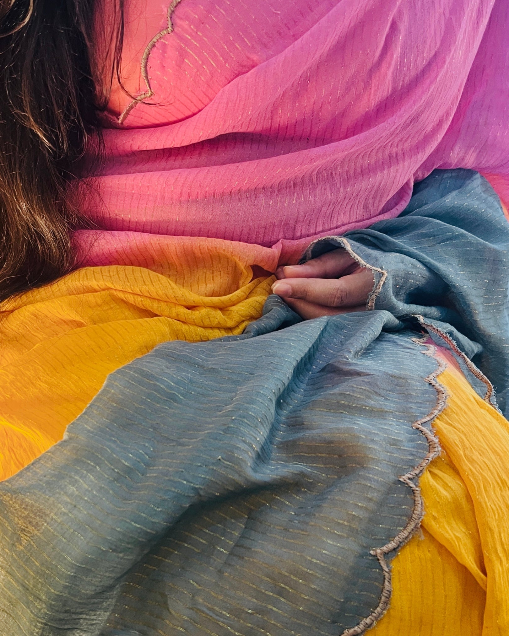 Multicoloured Mulmul Cotton Designer festive or party Saree with Zari stripes on pink yellow teal
