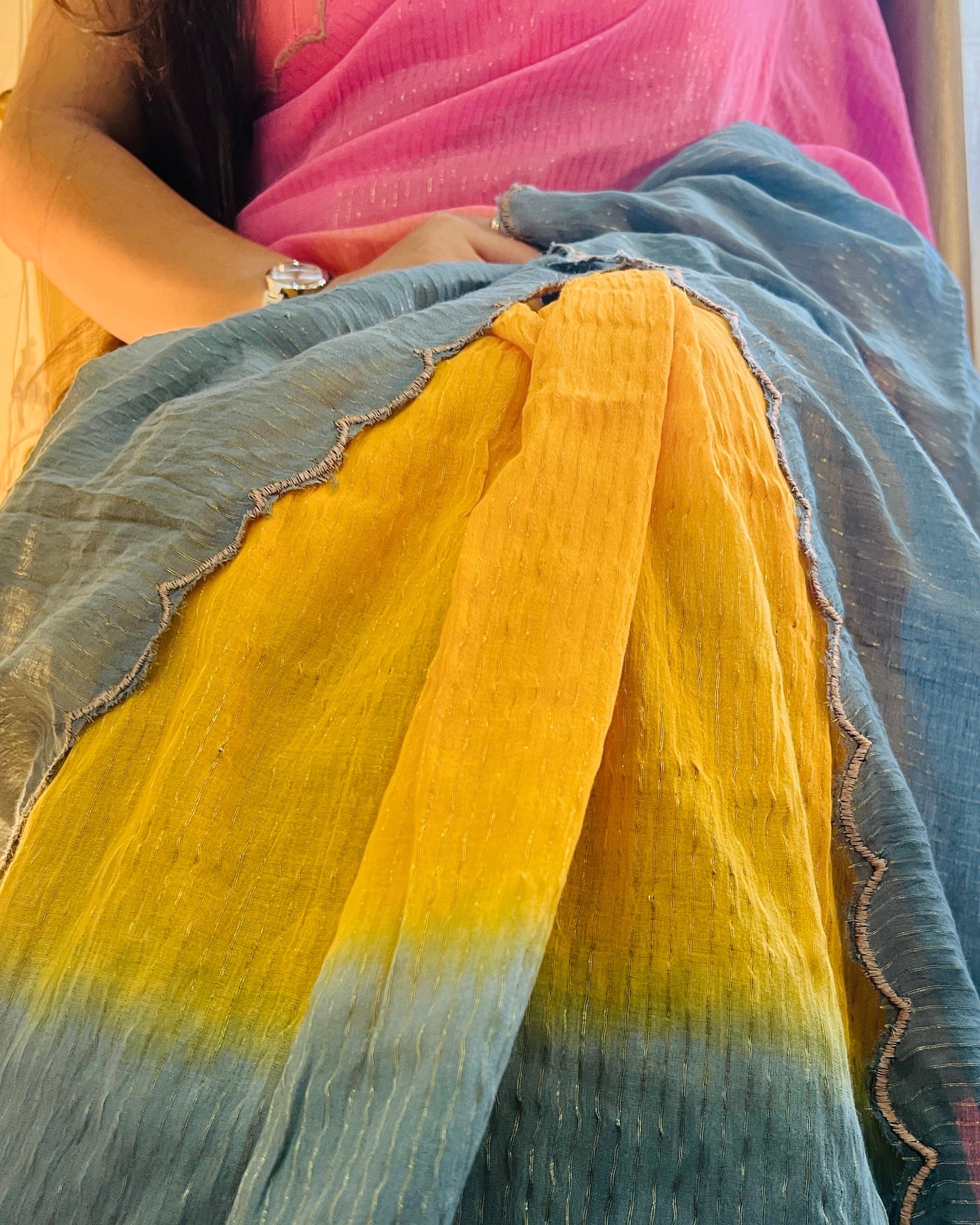 Multicoloured Mulmul Cotton Designer festive or party Saree with Zari stripes on pink yellow teal