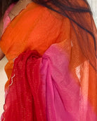 Multicoloured Mulmul Cotton Designer festive or party Saree with Zari stripes on pink orange red