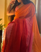 Multicoloured Mulmul Cotton Designer festive or party Saree with Zari stripes on pink orange red