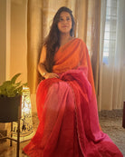 Multicoloured Mulmul Cotton Designer festive or party Saree with Zari stripes on pink orange red