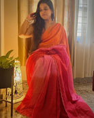 Multicoloured Mulmul Cotton Designer festive or party Saree with Zari stripes on pink orange red