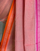 Soft and Comfortable Pink Cotton Saree with Orange and Pink Ganga Jamuna Begumpuri border and Dhaniakhali Aanchal