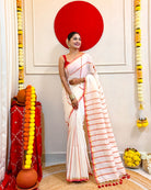 Laal Sada Durga Pujo Saree, Lal Paar Sada , Jamdani cotton saree, Red, White