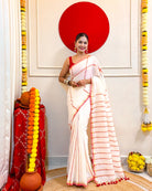 Laal Sada Durga Pujo Saree, Lal Paar Sada , Jamdani cotton saree, Red, White