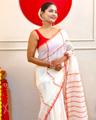 Laal Sada Durga Pujo Saree, Lal Paar Sada , Jamdani cotton saree, Red, White