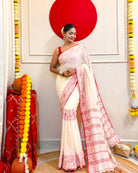 Laal Sada Durga Pujo Saree, Lal Paar Sada , Jamdani cotton saree, Red, White