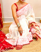 Laal Sada Durga Pujo Saree, Lal Paar Sada , Jamdani cotton saree, Red, White