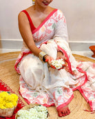 Laal Sada Durga Pujo Saree, Lal Paar Sada , Jamdani cotton saree, Red, White