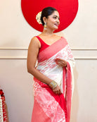 Laal Sada Durga Pujo Saree, Lal Paar Sada , Jamdani cotton saree, Red, White
