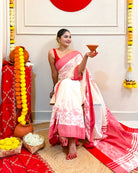 Laal Sada Durga Pujo Saree, Lal Paar Sada , Jamdani cotton saree, Red, White