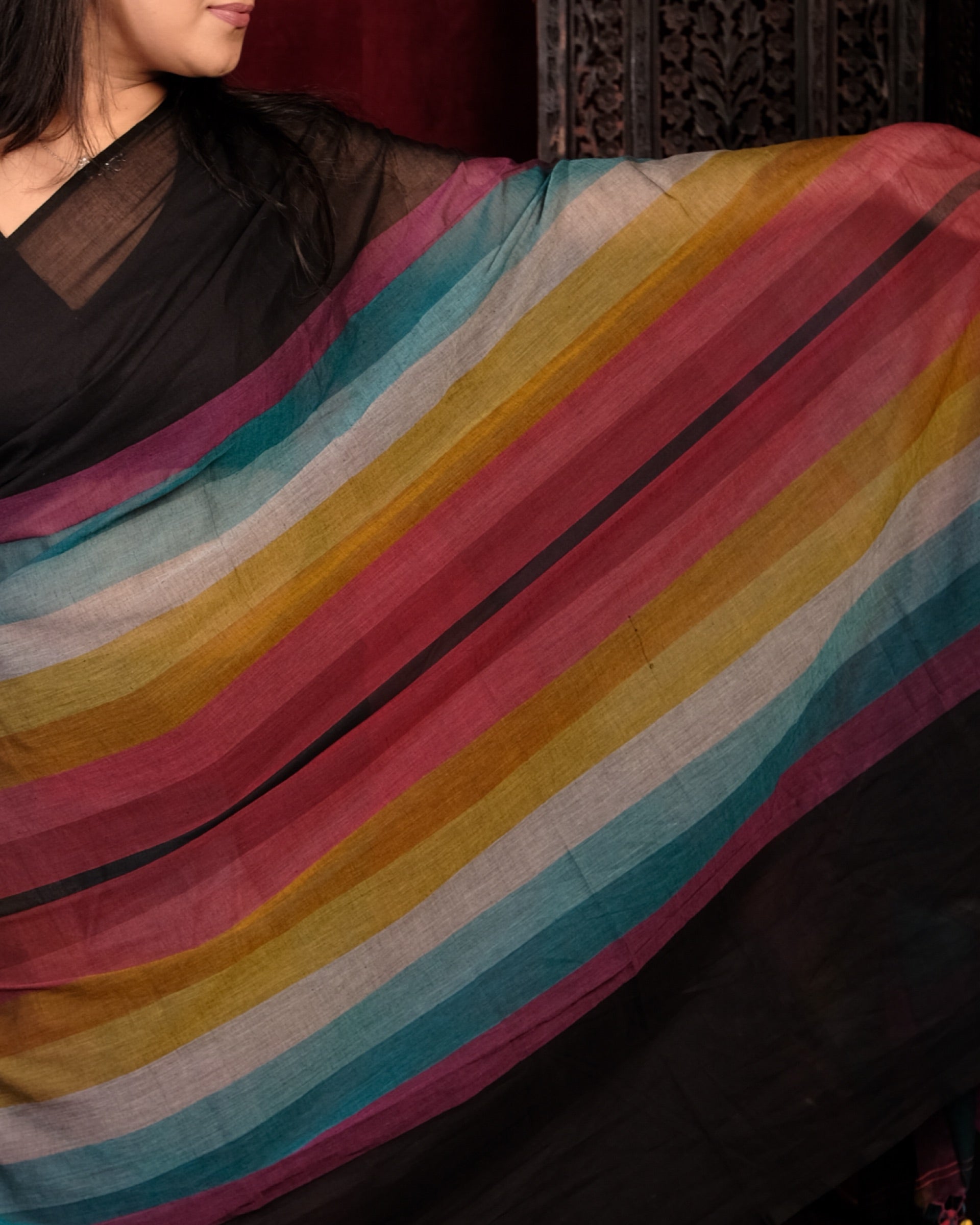 Shop AaMe The Blue Prism saree in breathable multicolored mulmul cotton