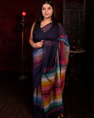 Blue and multicolored Mercerised cotton designer saree for summer festivities