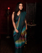 Green and multicolored Mercerised cotton designer saree for summer festivities