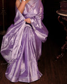 Lavender / Purple / Violet Viral mulmul cotton tissue designer saree for festivities with silver zari border