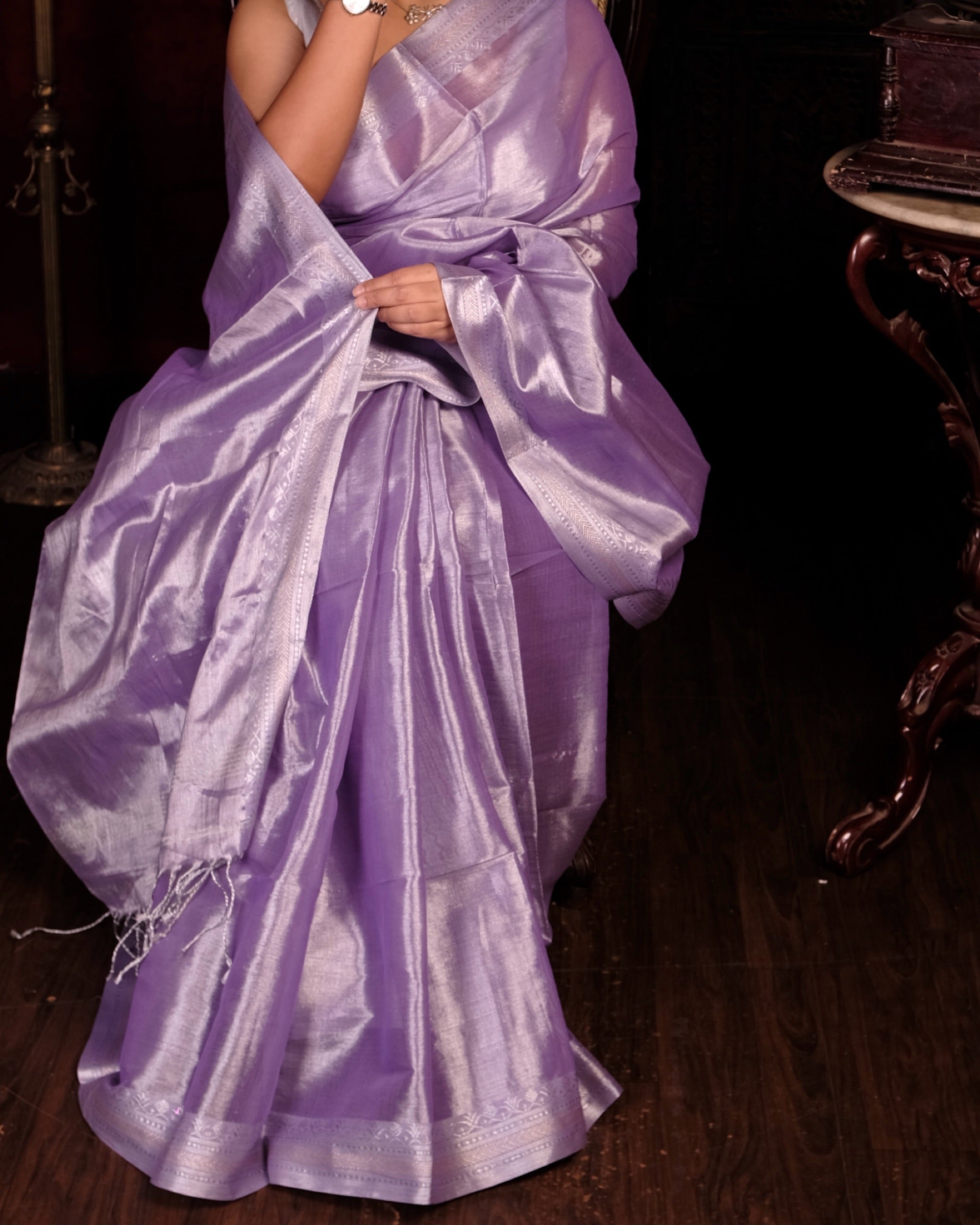 Lavender / Purple / Violet Viral mulmul cotton tissue designer saree for festivities with silver zari border