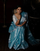 Blue Viral mulmul cotton tissue saree for festivities with silver border