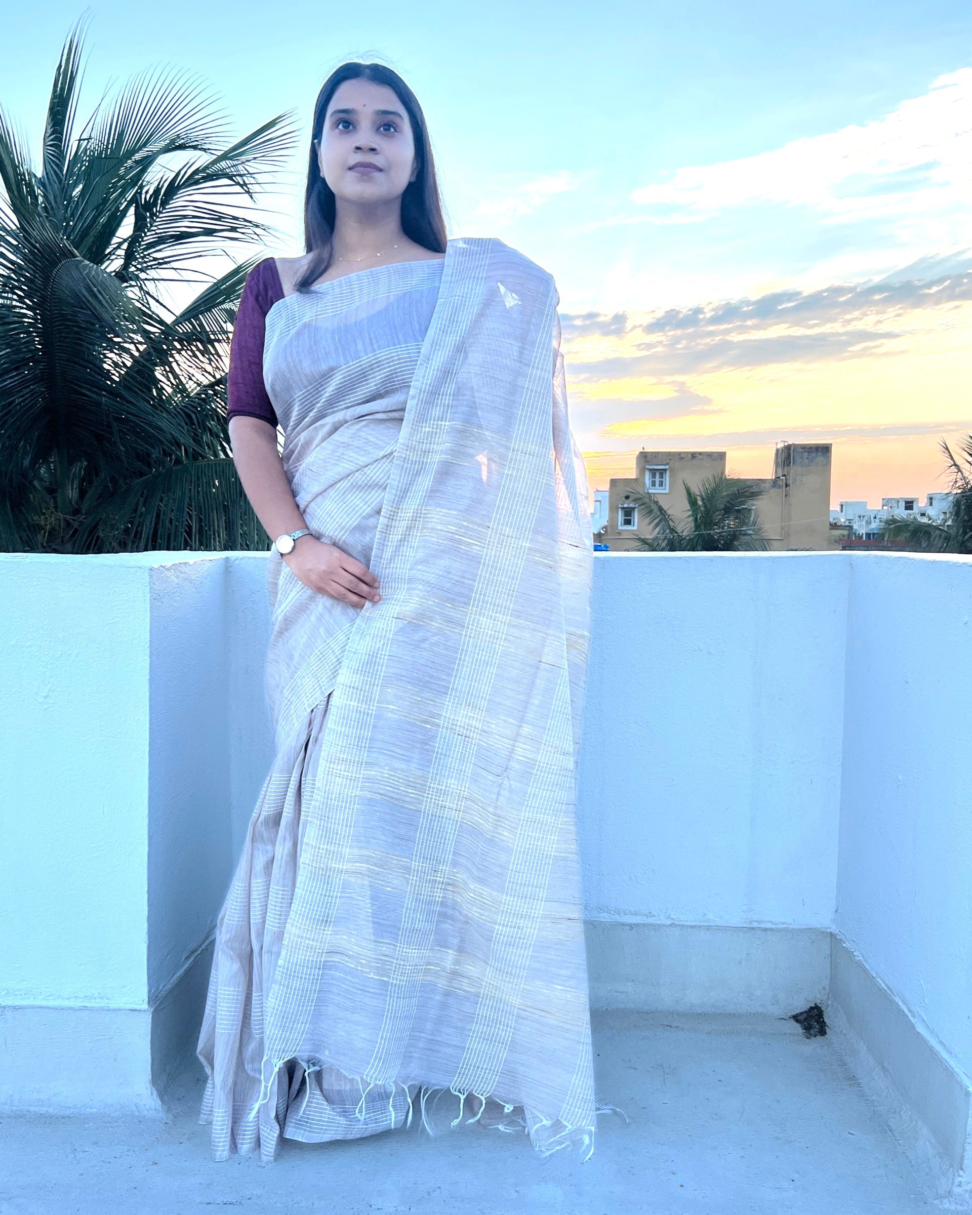 White Taupe art silk Bhagalpuri silk  handloom saree